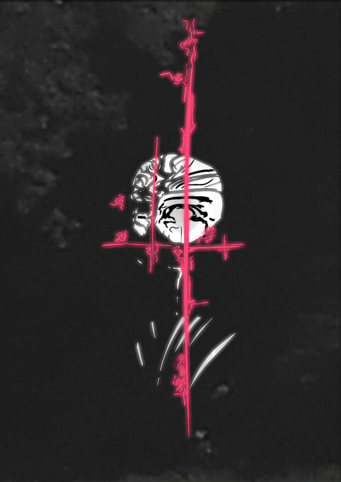 Floating head, slightly tilted. Partly shaded, mask-like. Reminiscent of a skull. Dark background and dark lines across the white head, partly messy, decorative and minimally defining facial features. Closer eye is white, farther eye is black. Red-magenta lines overlay the skull, partly straight and splitting the image, partly squiggly.
